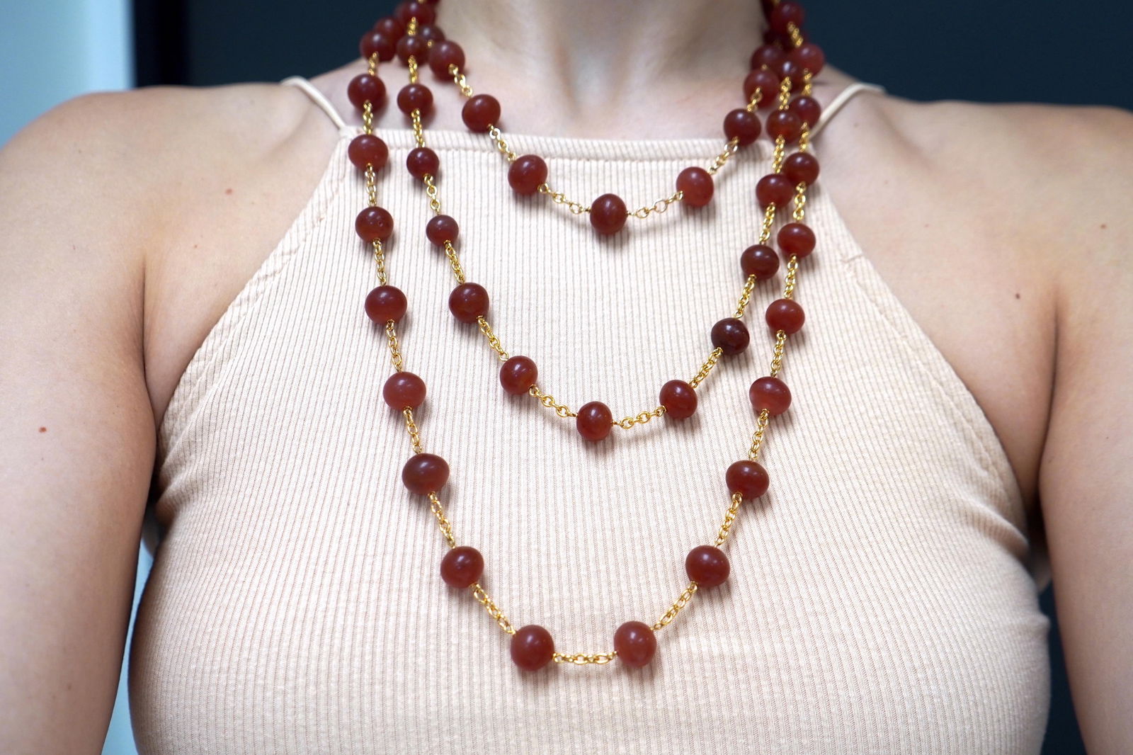 1950s French Carnelian Beaded 18k Gold Chain Necklace - 6