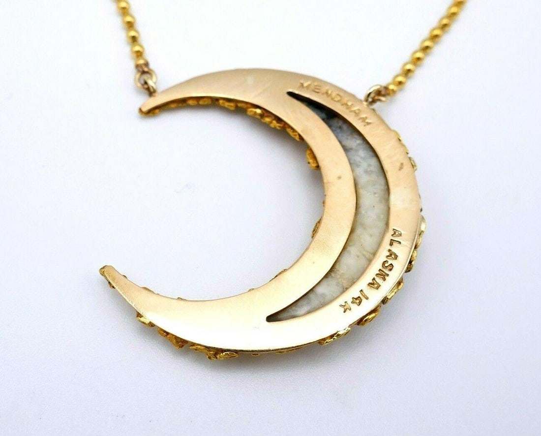Antique Alaskan 14k Yellow Gold Horn Medham Crescent Necklace - 20