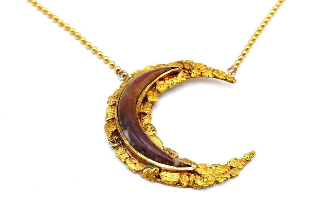 Antique Alaskan 14k Yellow Gold Horn Medham Crescent Necklace - 8