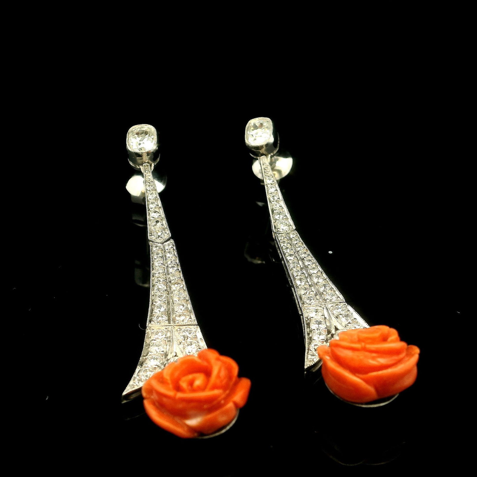 Art Deco Platinum Natural Diamond and Coral Earrings - 2