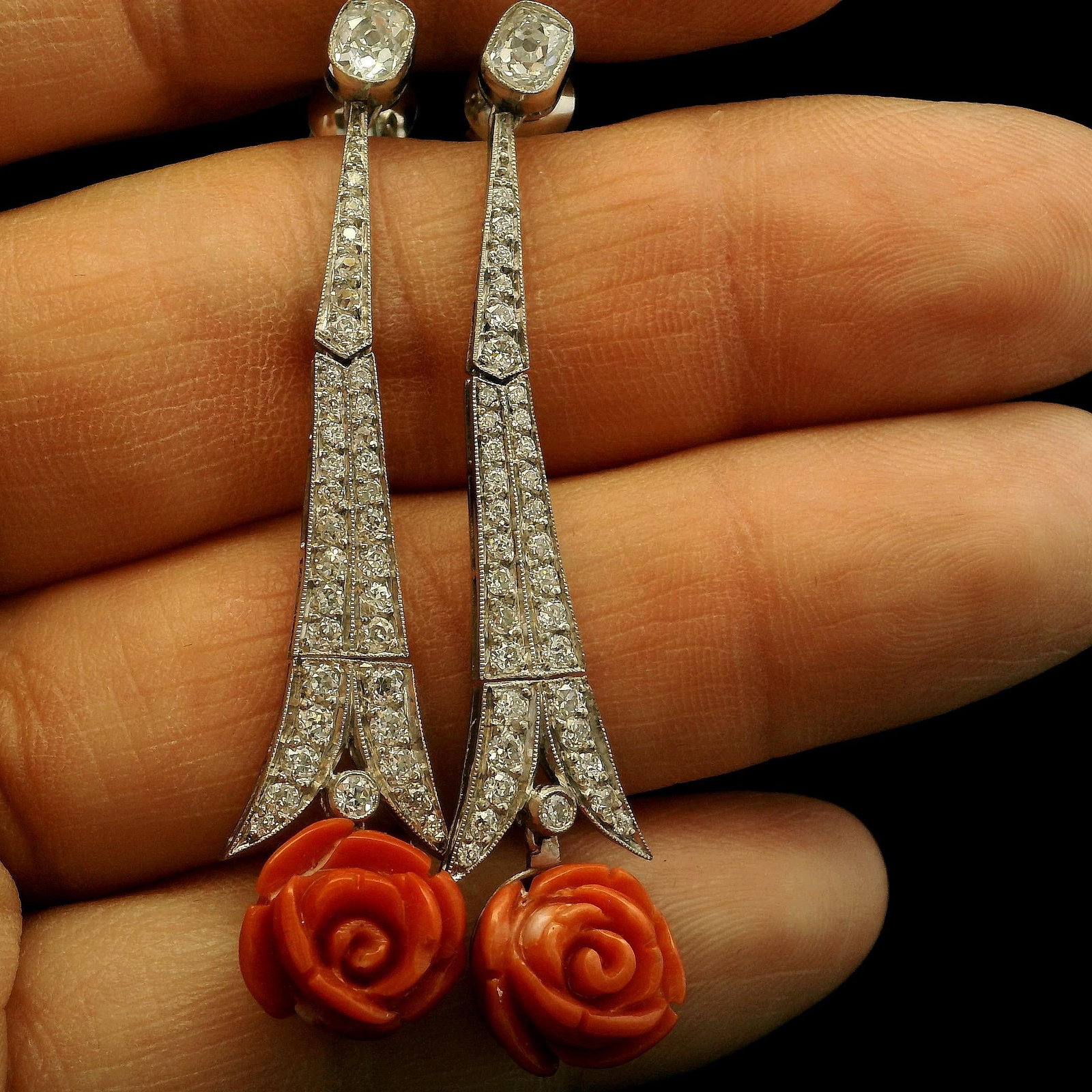 Art Deco Platinum Natural Diamond and Coral Earrings - 5