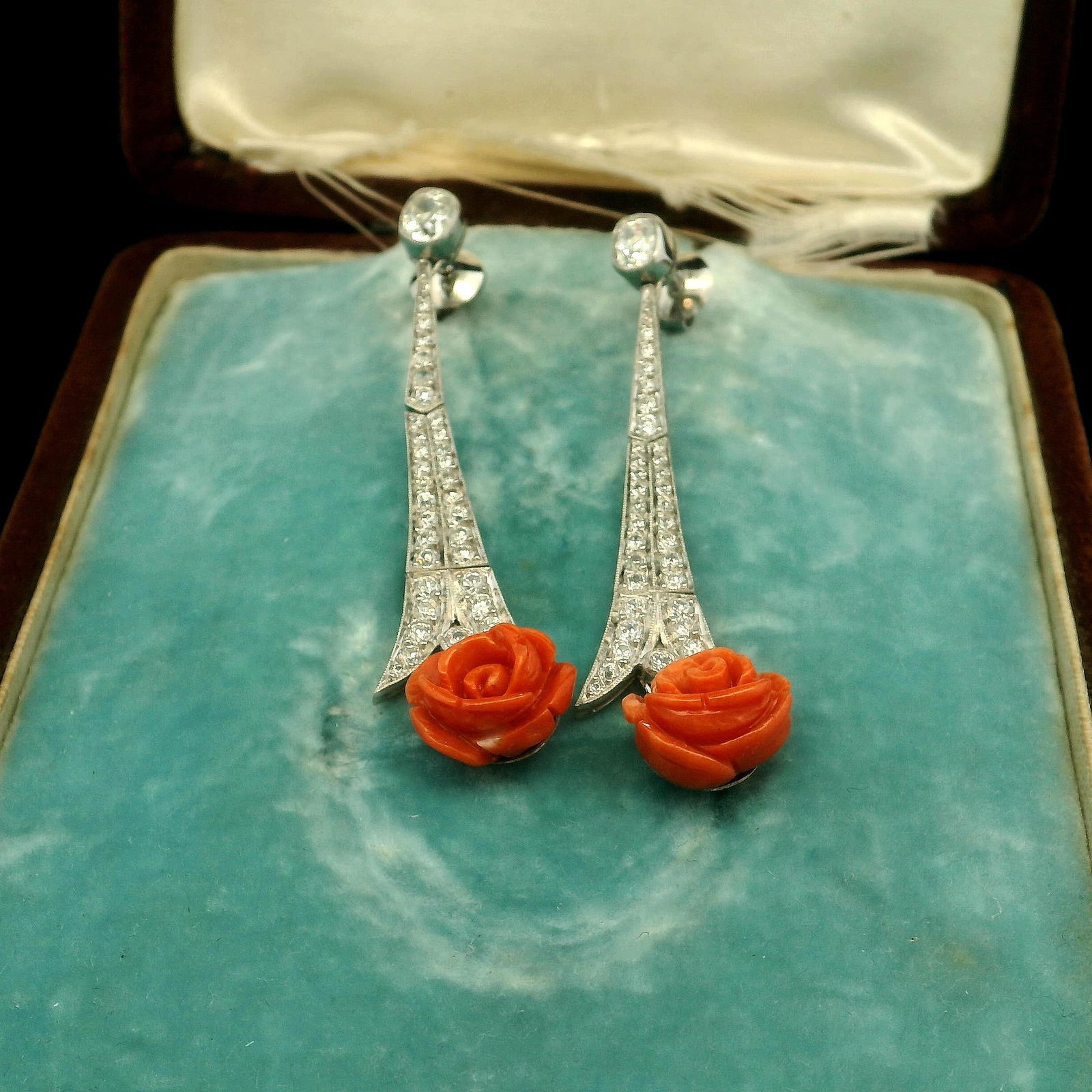Art Deco Platinum Natural Diamond and Coral Earrings - 7