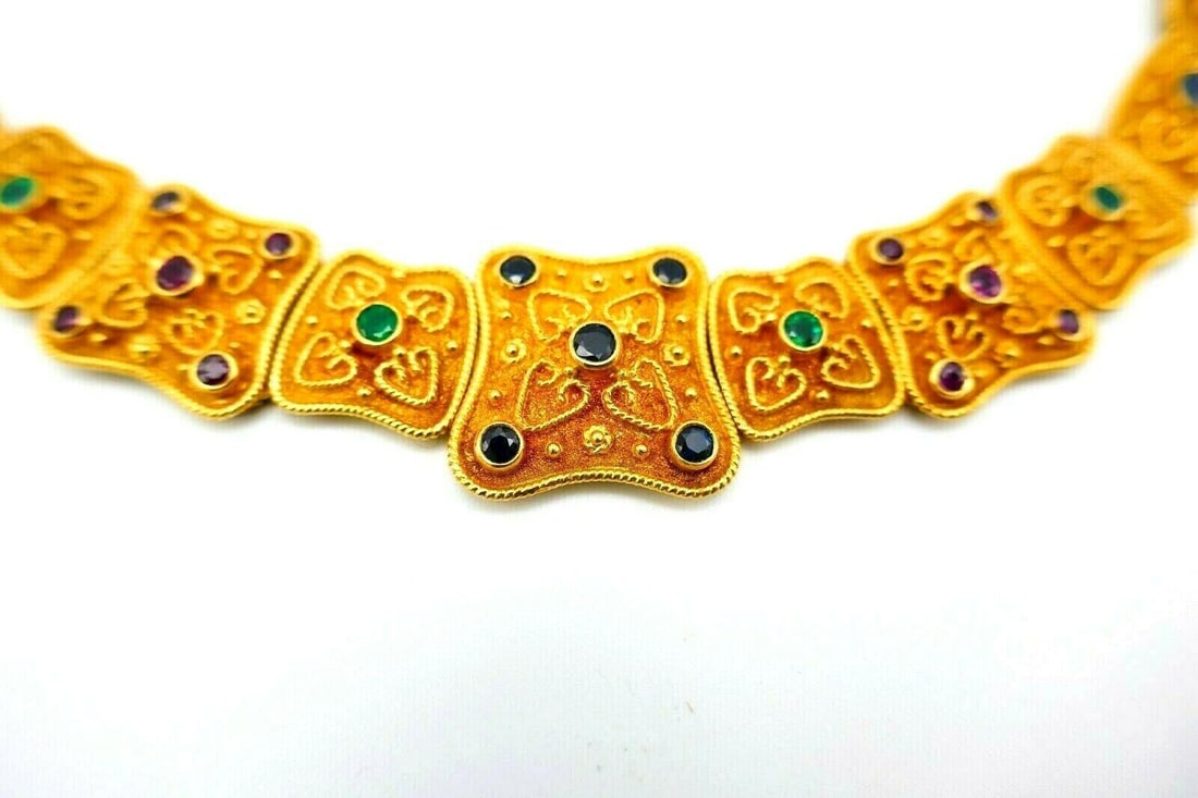 Vintage Textured Yellow Gold Gemstones Collar Necklace - 10