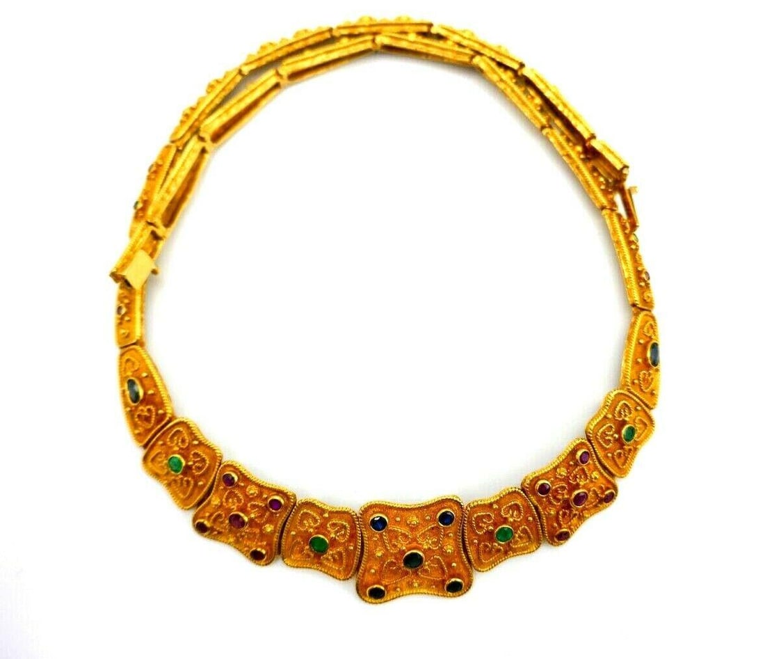 Vintage Textured Yellow Gold Gemstones Collar Necklace - 15