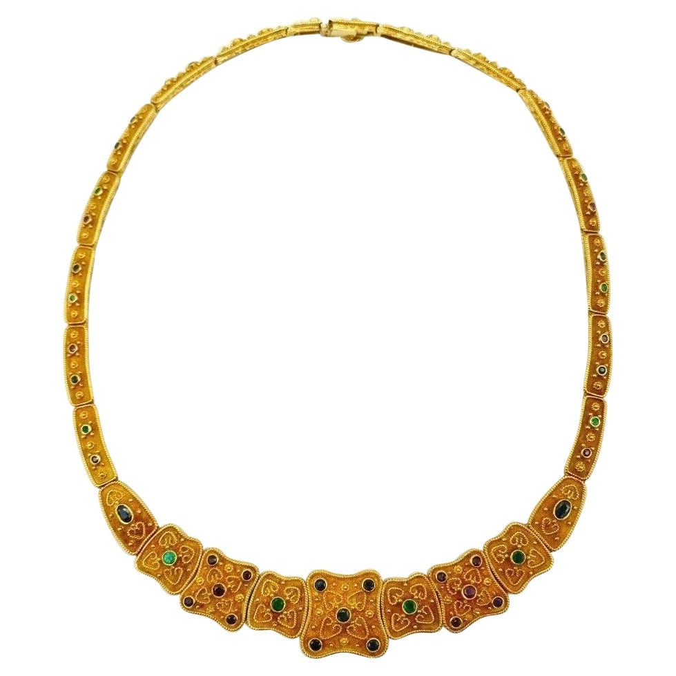 Vintage Textured Yellow Gold Gemstones Collar Necklace - 7
