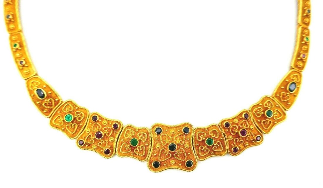Vintage Textured Yellow Gold Gemstones Collar Necklace - 8