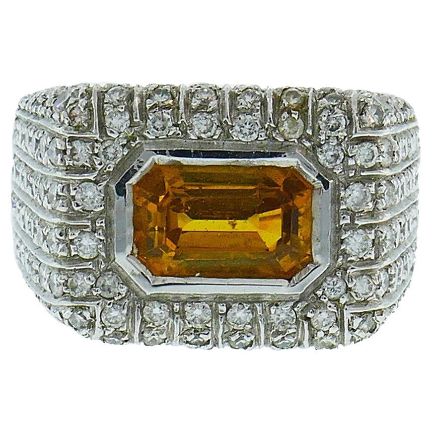 Vintage Yellow Sapphire Diamond 18k White Gold Ring Italy - 7