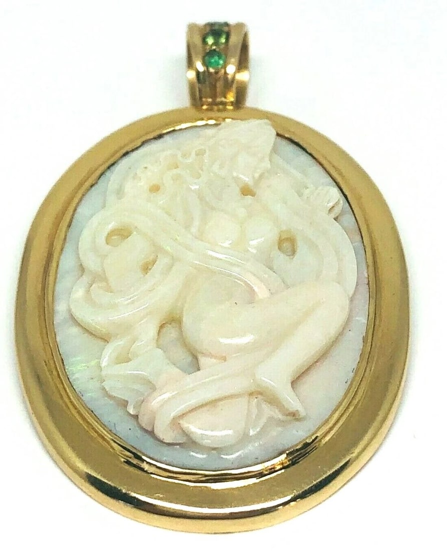 VINTAGE Carved Woman Opal Peridot Yellow Gold Cameo Pendant - 4