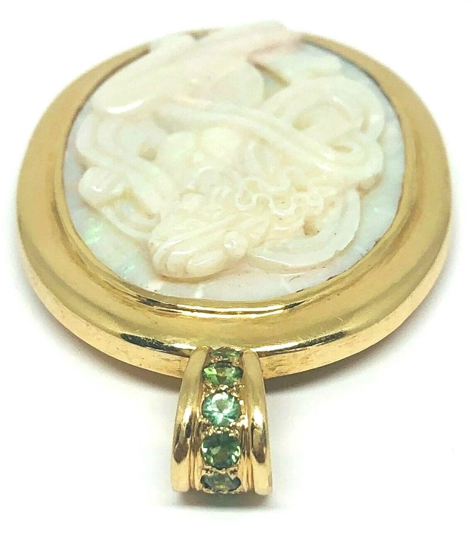VINTAGE Carved Woman Opal Peridot Yellow Gold Cameo Pendant - 5