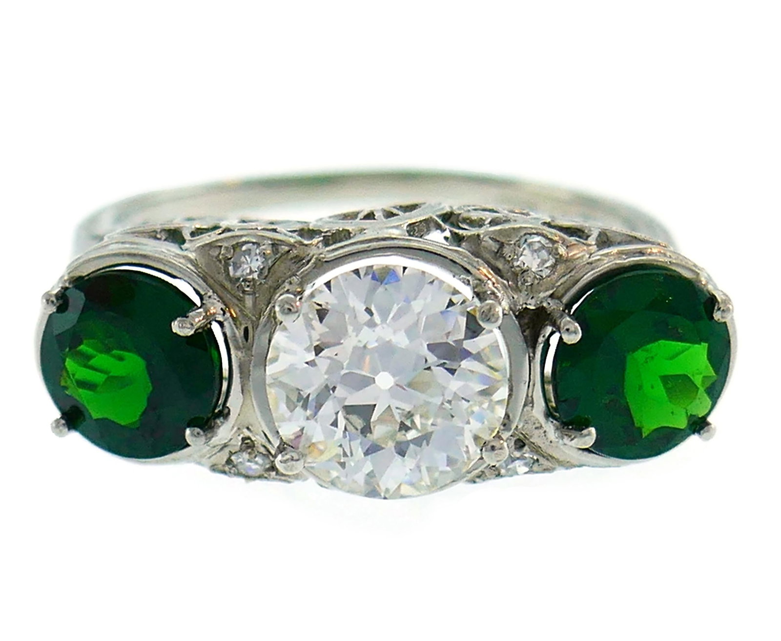 Art Deco Emerald Diamond Platinum Three-Stone Ring - 17