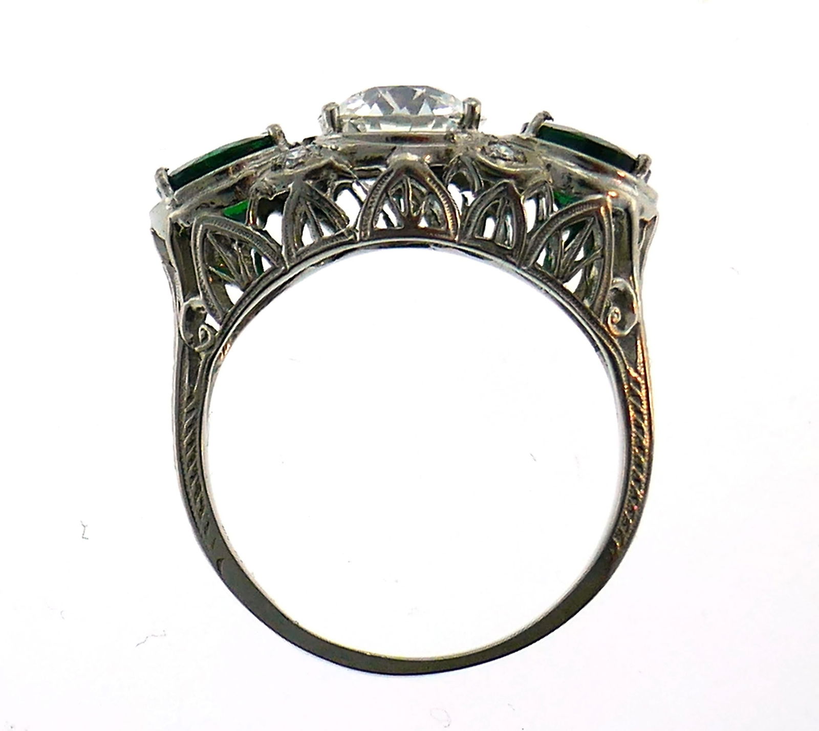 Art Deco Emerald Diamond Platinum Three-Stone Ring - 2