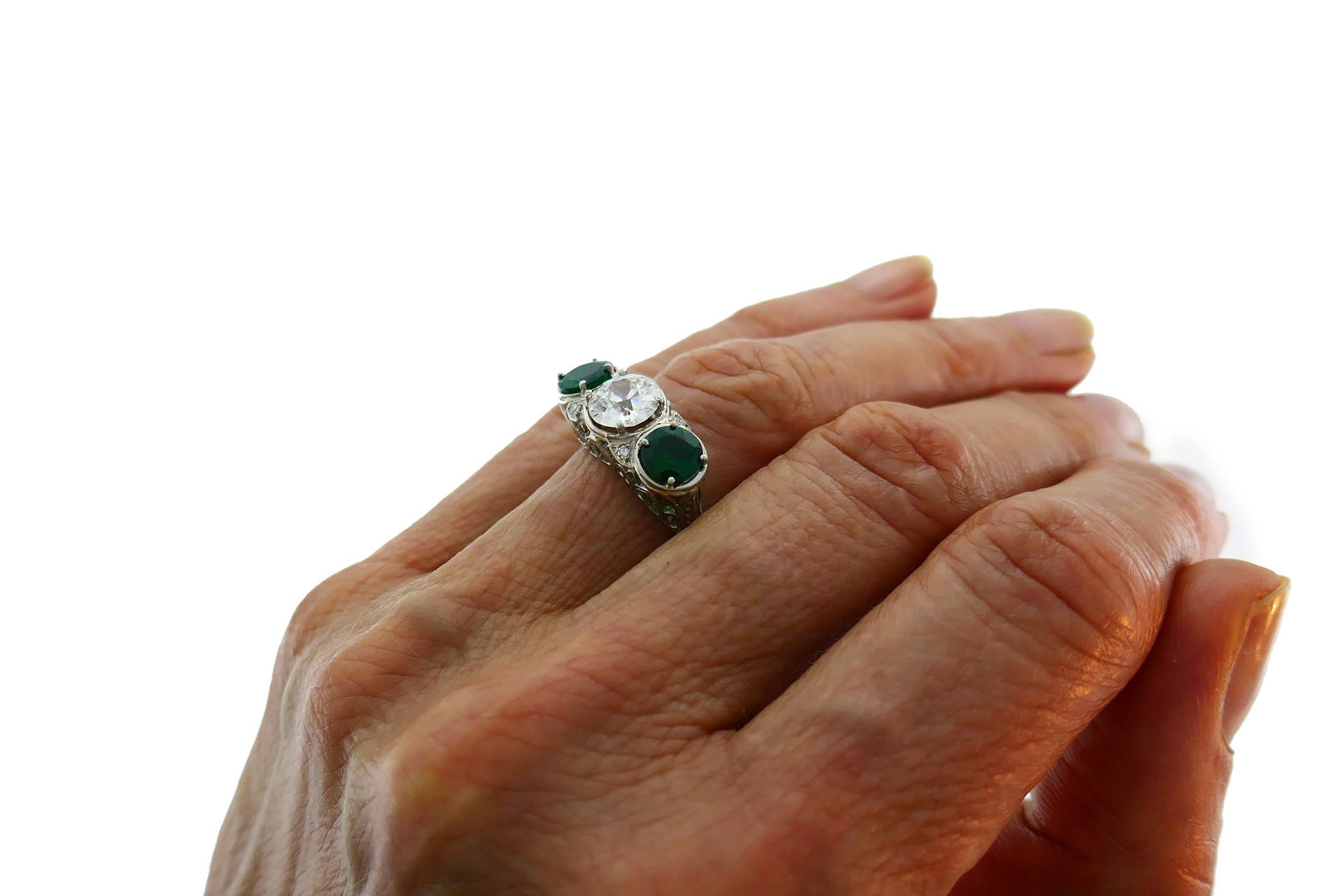 Art Deco Emerald Diamond Platinum Three-Stone Ring - 5