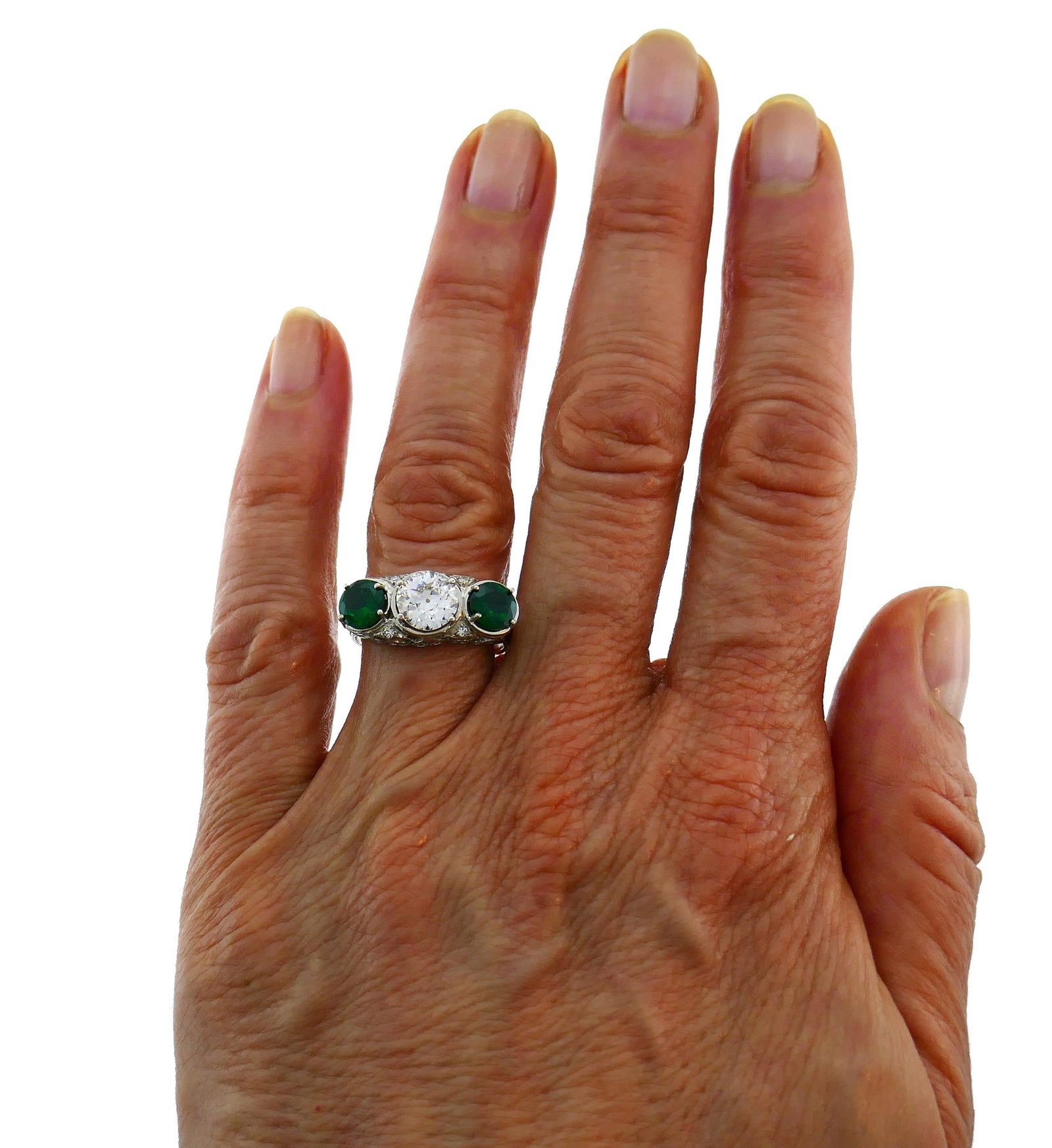 Art Deco Emerald Diamond Platinum Three-Stone Ring - 8