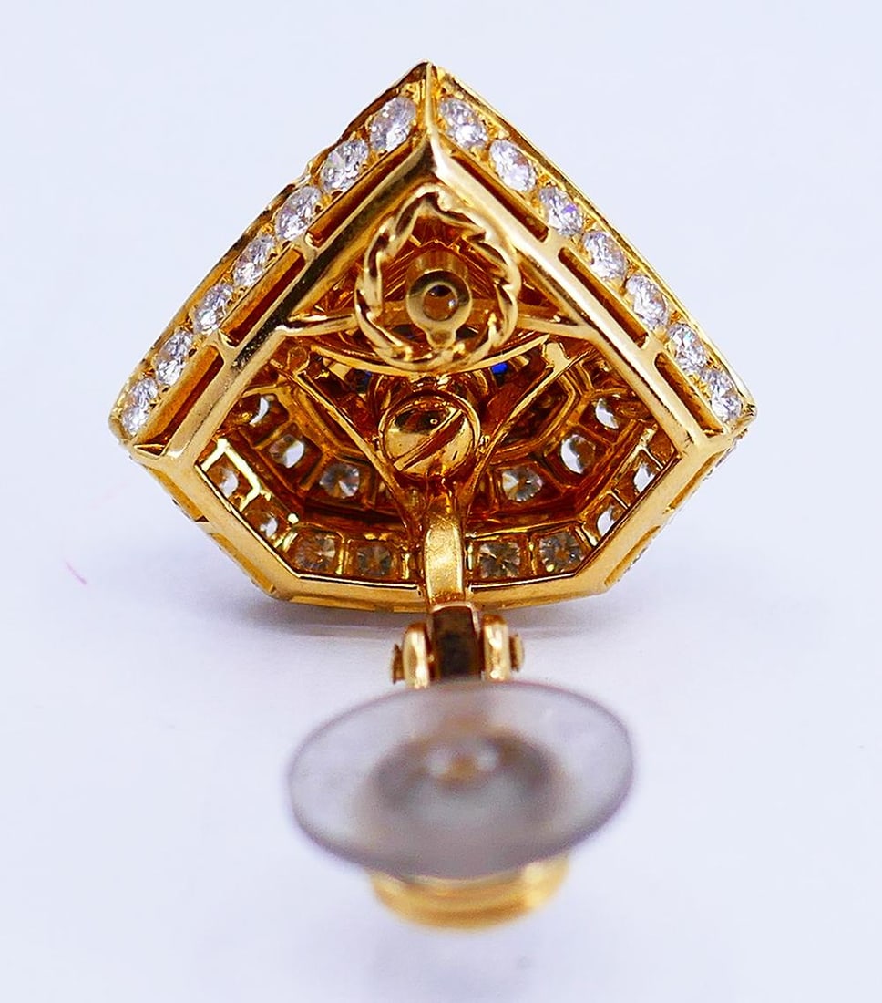 Areza Vintage French Earrings 18k Gold Sapphire Diamond Estate Jewelry - 2