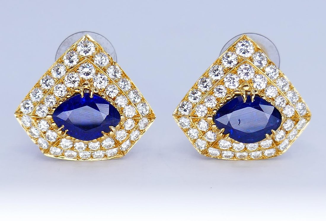 Areza Vintage French Earrings 18k Gold Sapphire Diamond Estate Jewelry - 6