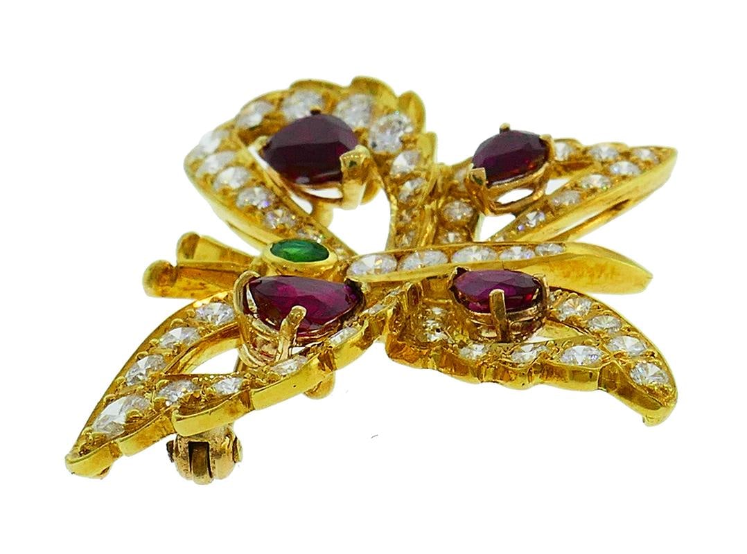 Vintage 14k Gold Butterfly Pin Brooch Clip with Diamond Ruby Emerald - 4