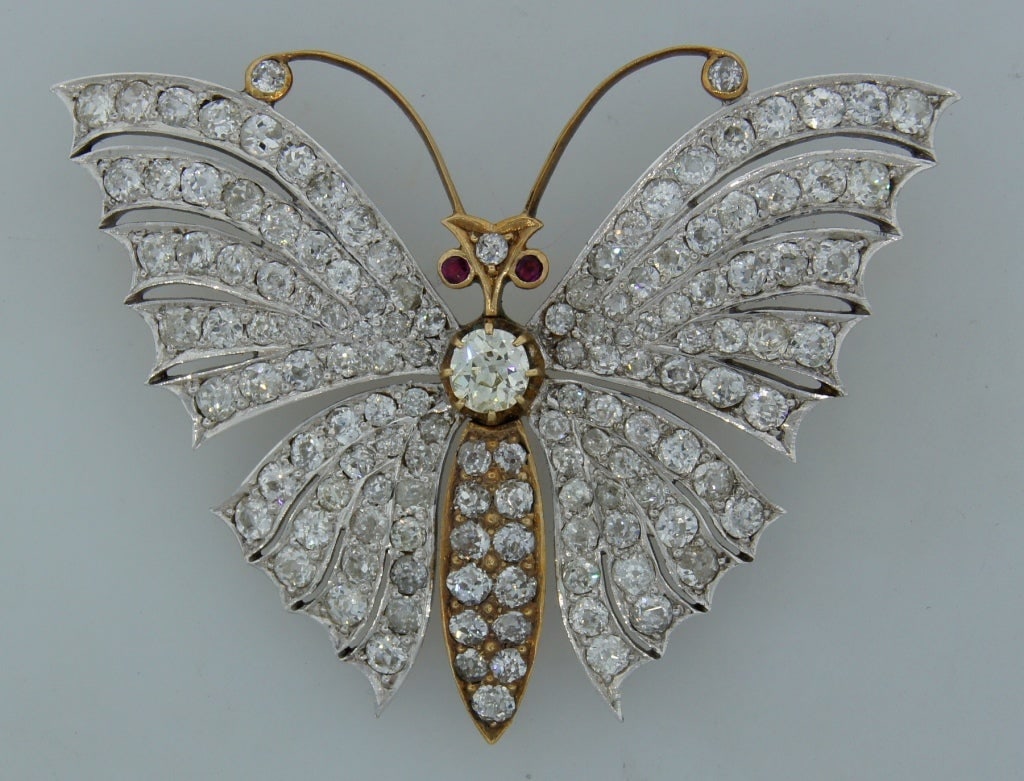 Victorian Diamond Ruby Gold Butterfly Brooch Pin - 3