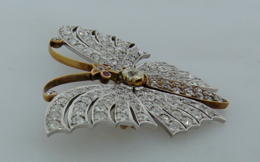 Victorian Diamond Ruby Gold Butterfly Brooch Pin - 6