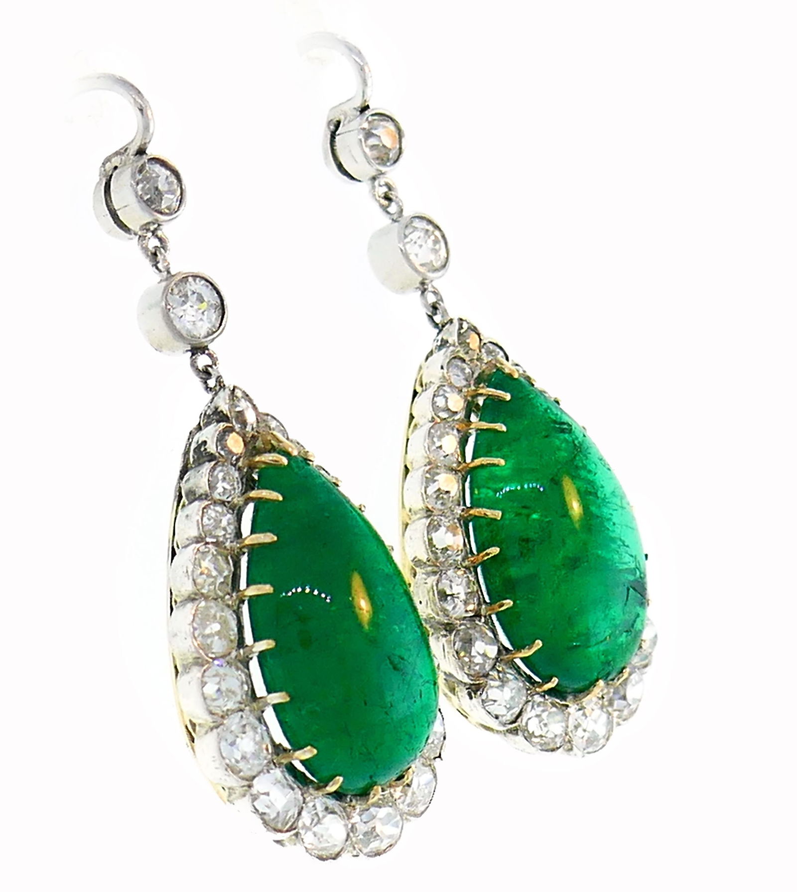 Victorian Emerald Diamond Dangle Earrings in Gold and Silver, Antique - 4