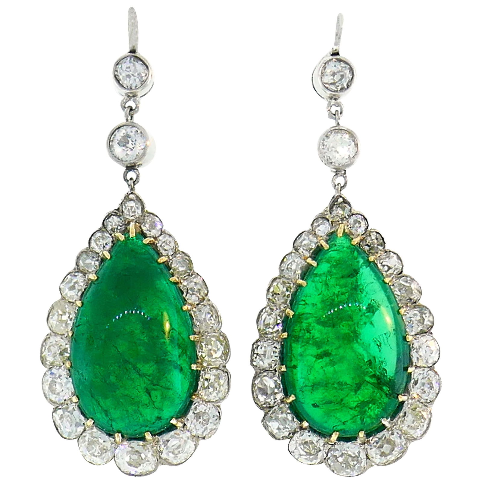 Victorian Emerald Diamond Dangle Earrings in Gold and Silver, Antique - 7
