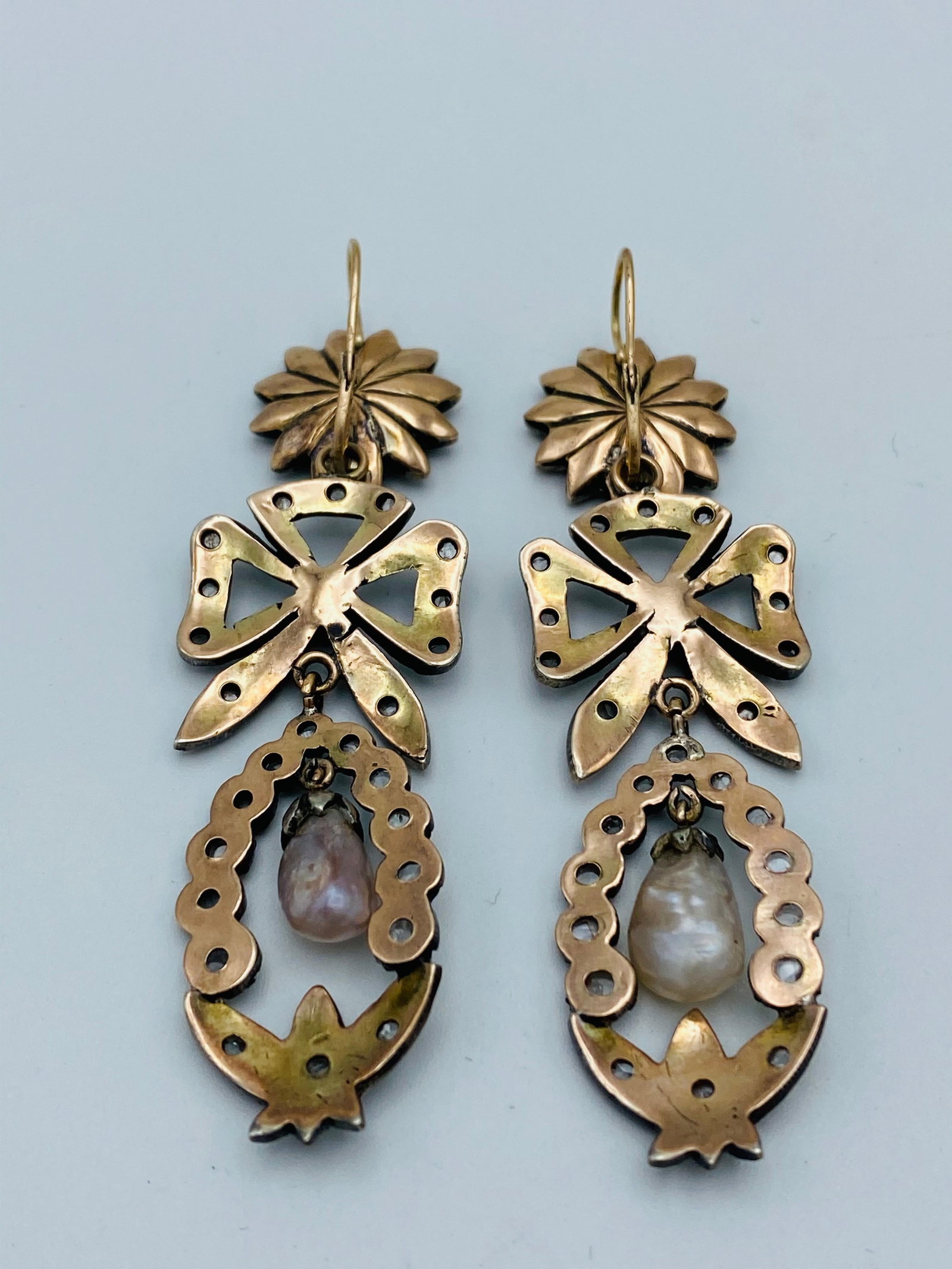 Georgian Gold and Silver, Rose Cut Diamonds and Pearl Day and Night Earrings - 6