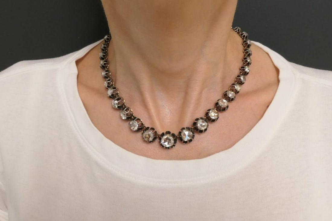 Georgian Riviera Necklace Rose Cut Diamond Silver Gold Riviere Antique Jewelry - 10