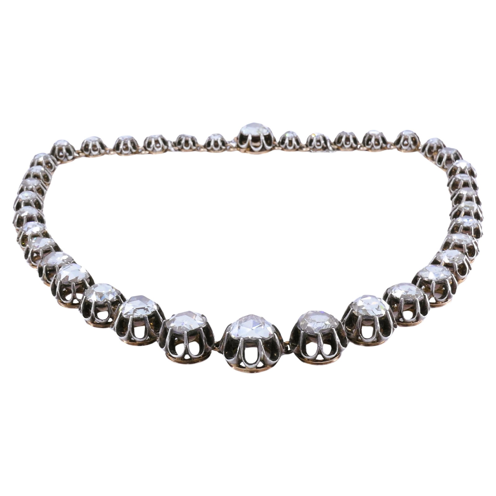 Georgian Riviera Necklace Rose Cut Diamond Silver Gold Riviere Antique Jewelry - 5