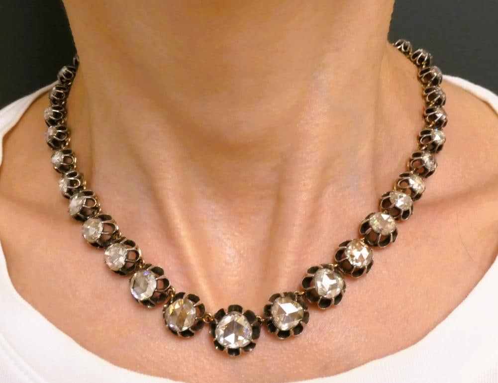 Georgian Riviera Necklace Rose Cut Diamond Silver Gold Riviere Antique Jewelry - 9