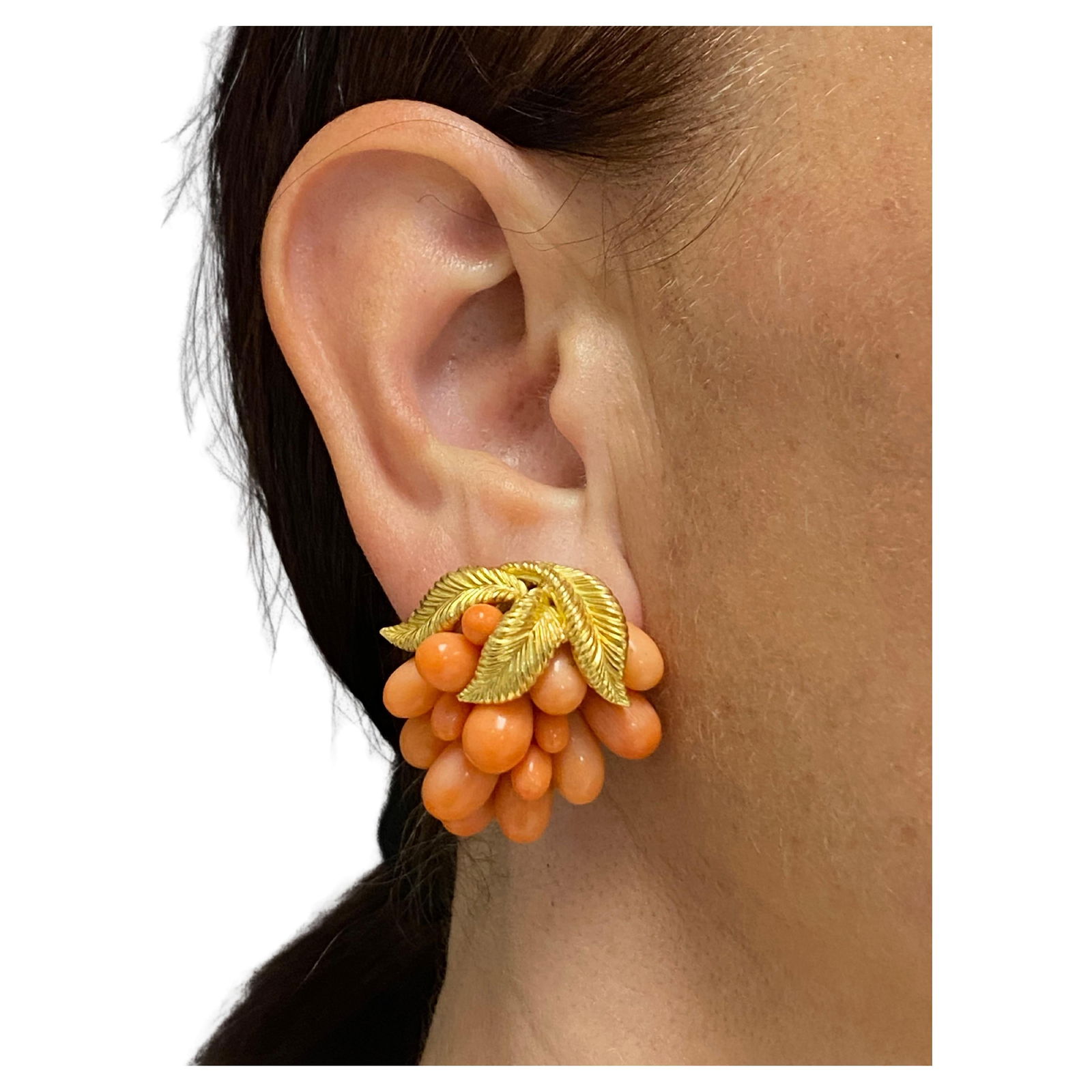 Vintage French Set Coral Earrings Brooch 18k Gold - 10