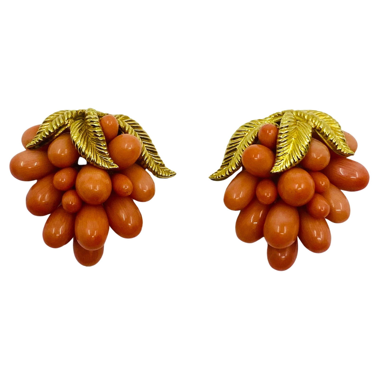Vintage French Set Coral Earrings Brooch 18k Gold - 12