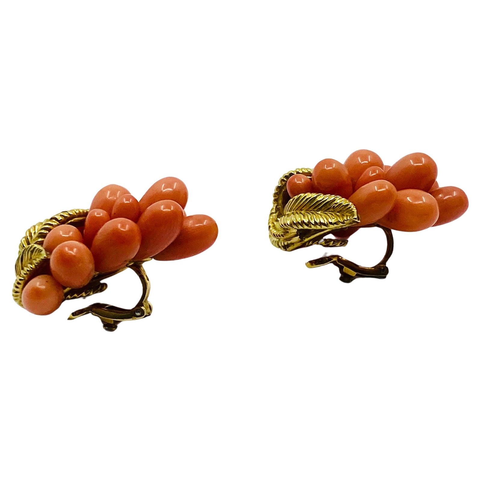 Vintage French Set Coral Earrings Brooch 18k Gold - 13