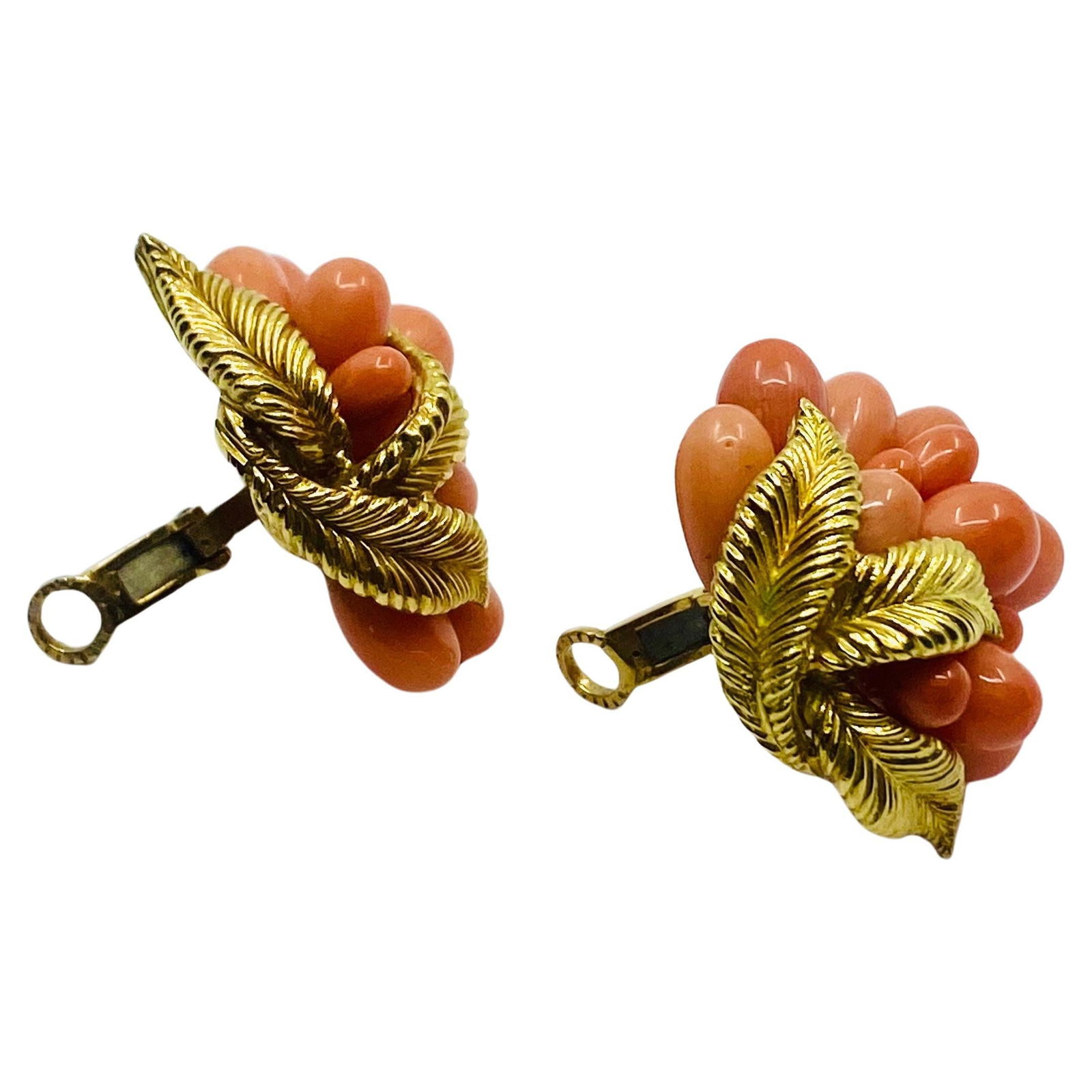 Vintage French Set Coral Earrings Brooch 18k Gold - 14