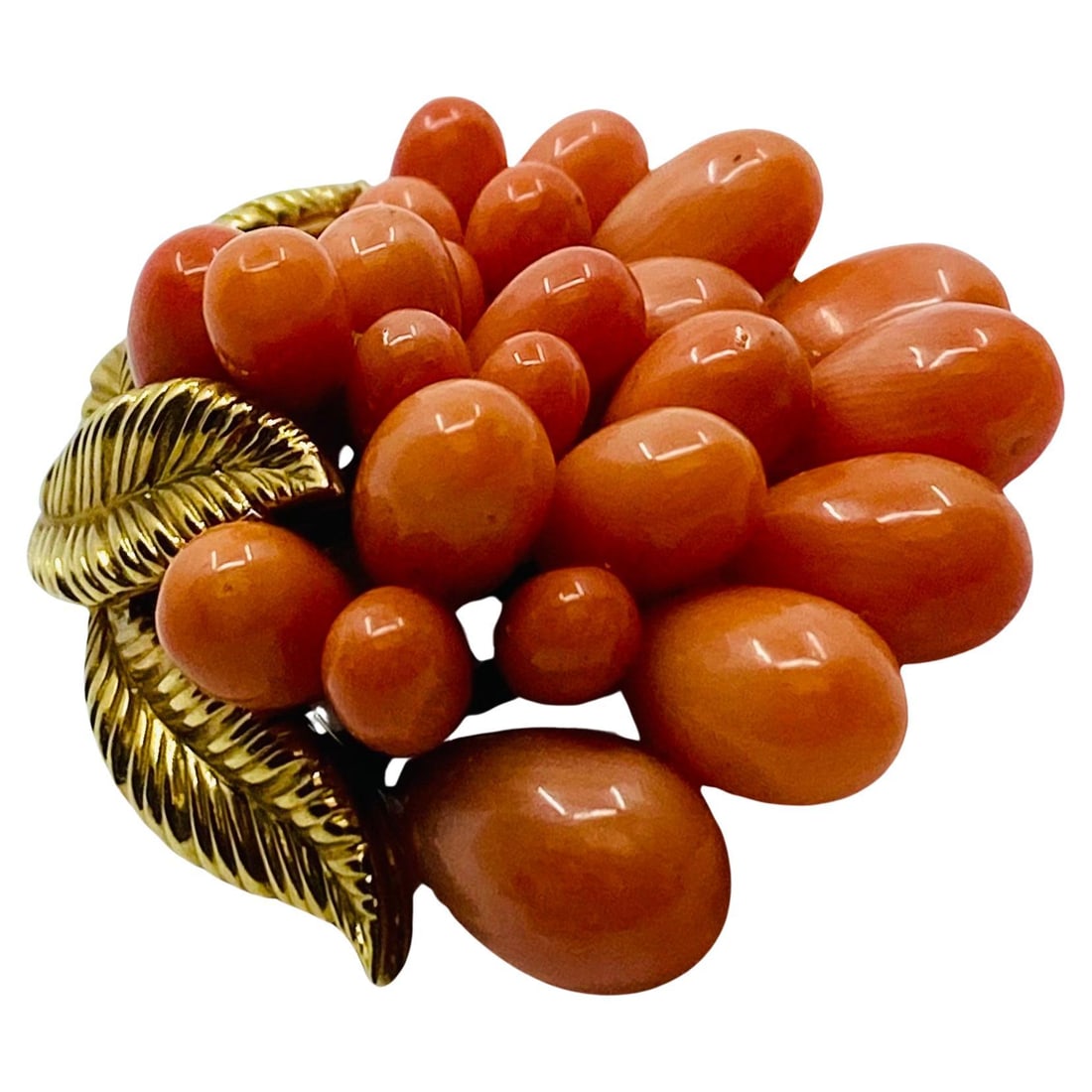 Vintage French Set Coral Earrings Brooch 18k Gold - 20