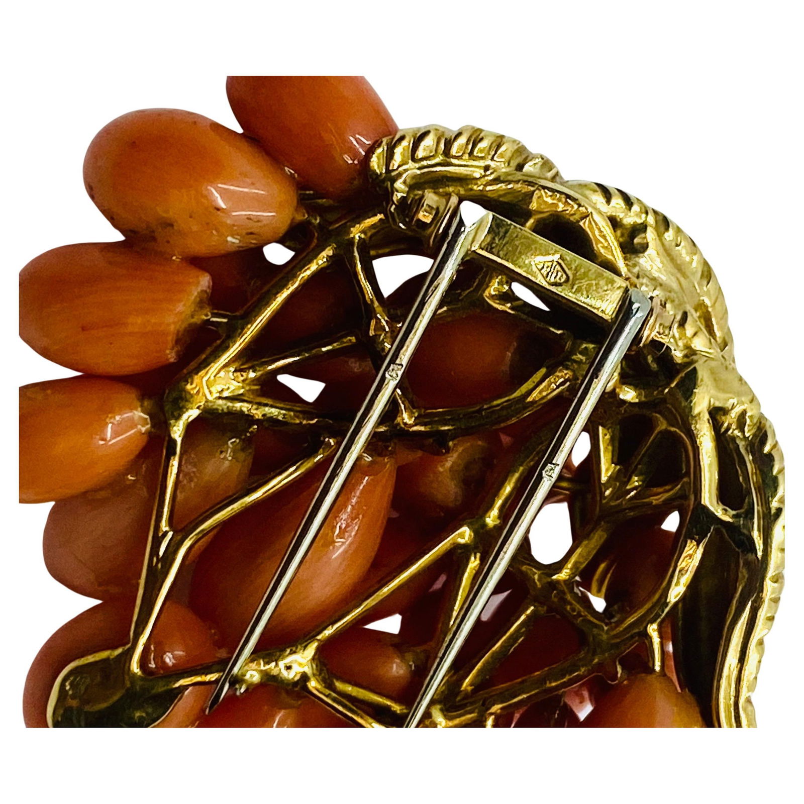 Vintage French Set Coral Earrings Brooch 18k Gold - 6