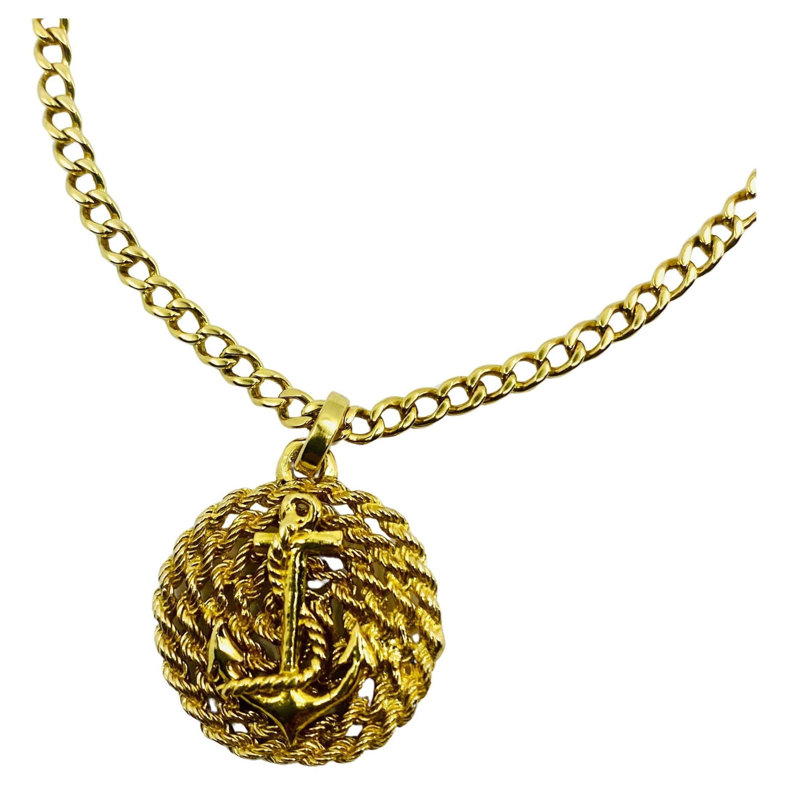14k Gold Anchor Pendant Rope Design Chain Necklace - 4