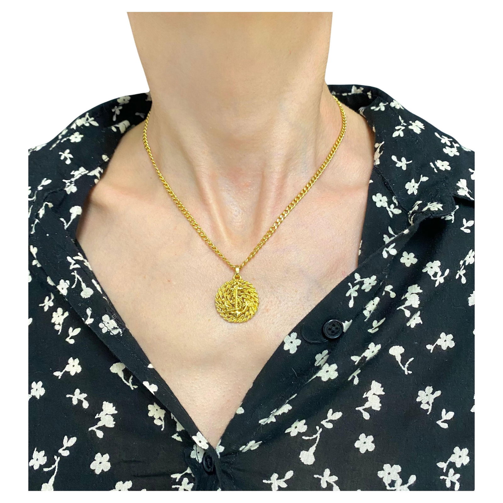 14k Gold Anchor Pendant Rope Design Chain Necklace - 8