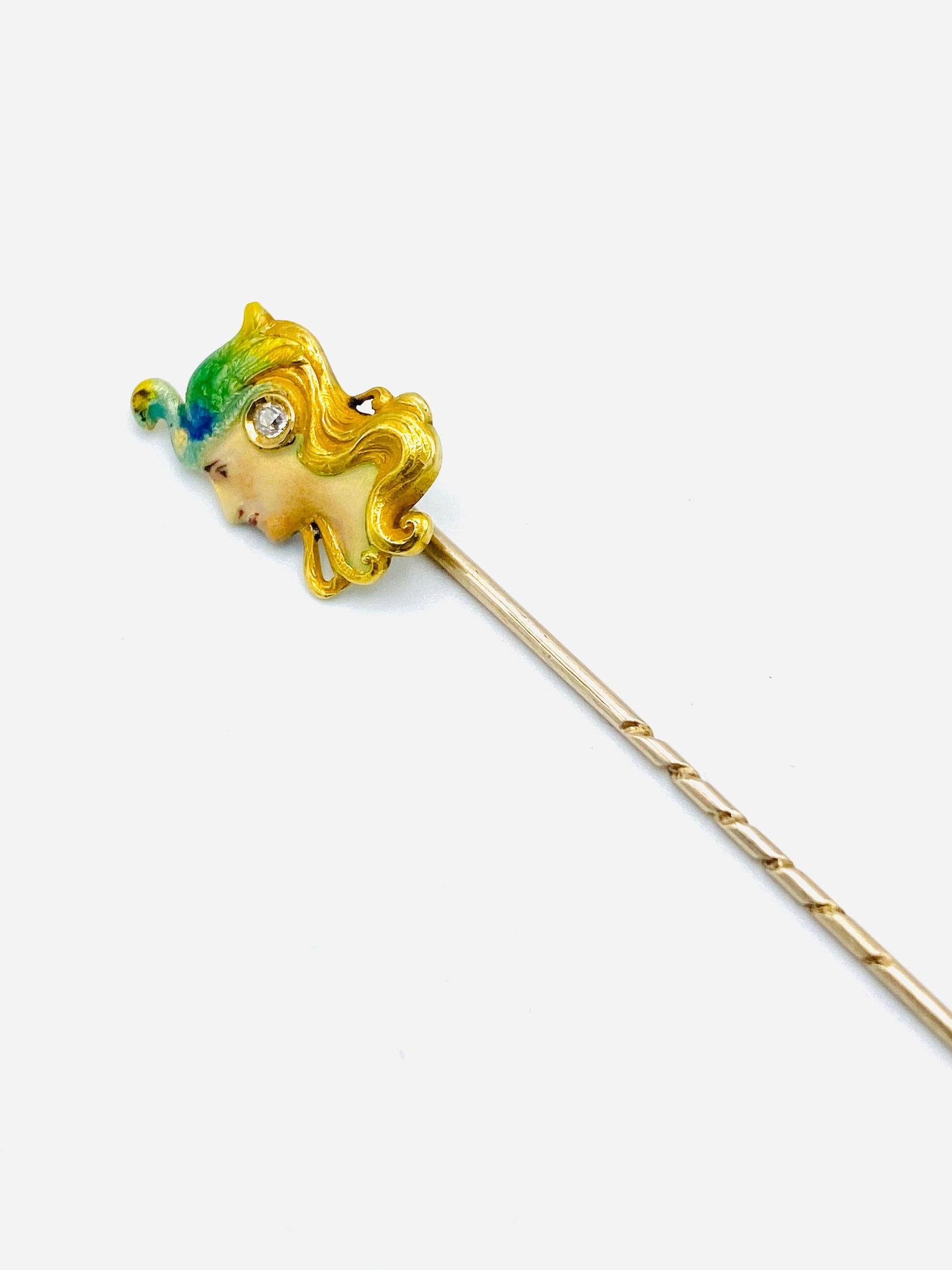 Art Nouveau Yellow Gold, Enamel and Diamond Stick Pin - 18