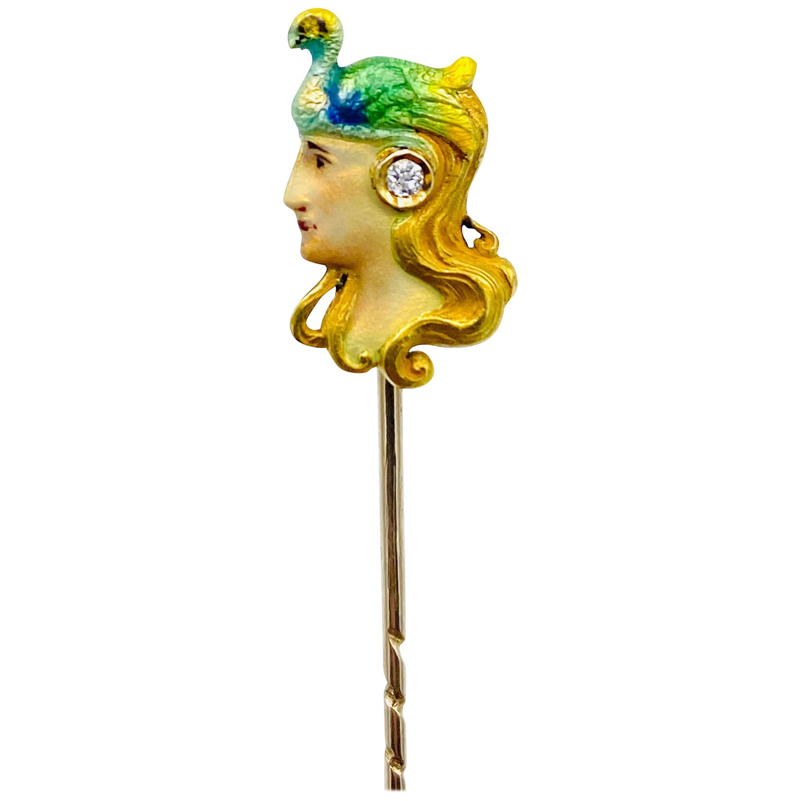 Art Nouveau Yellow Gold, Enamel and Diamond Stick Pin: Title: Art Nouveau Yellow Gold, Enamel and Diamond Stick Pin Description: About the Item Product details: Featuring 14K yellow gold, enamel face design with diamond detail. Total weight is 2.6 grams.