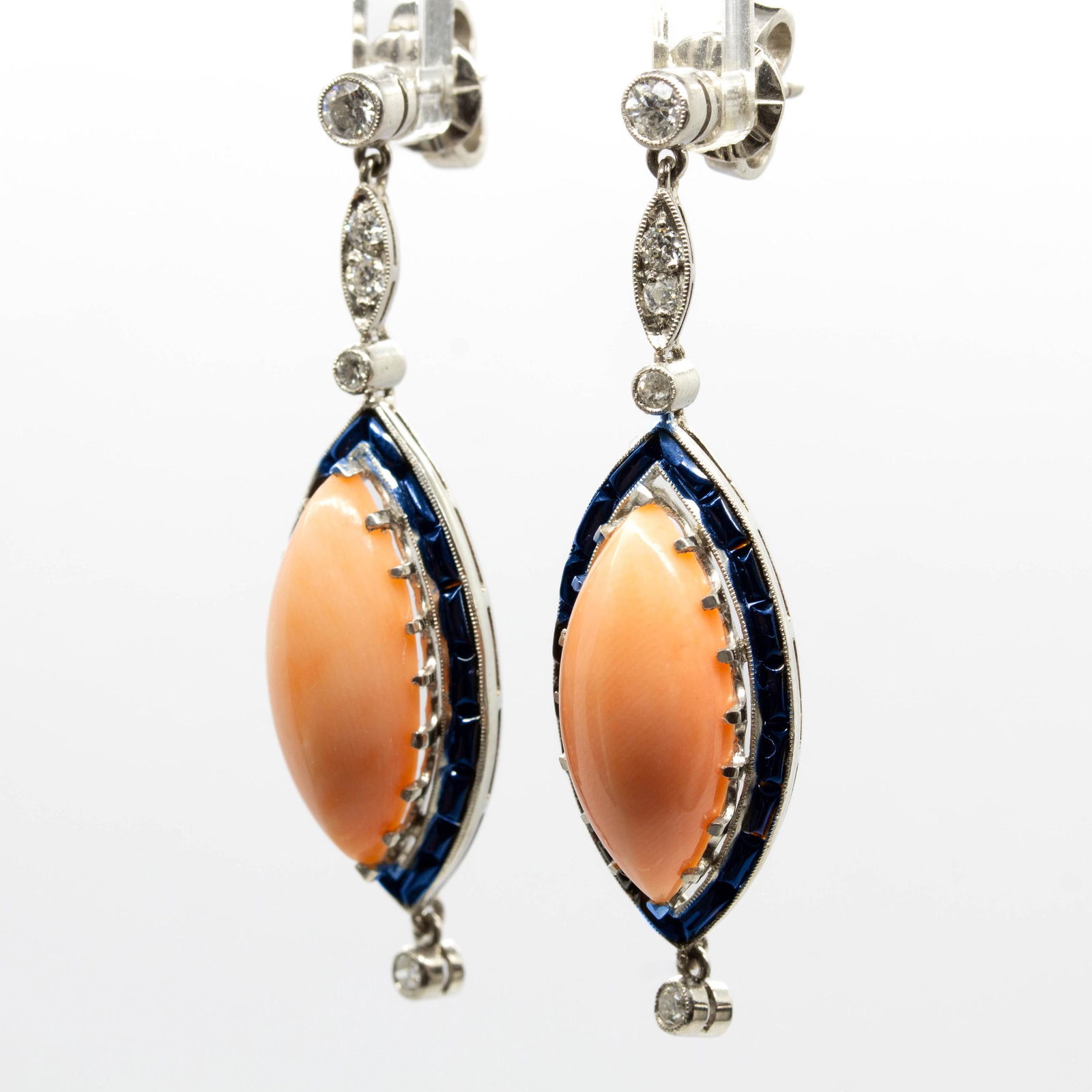 Edwardian Platinum Natural Coral, Calibrated Onyx, and Natural Diamond Earrings - 2
