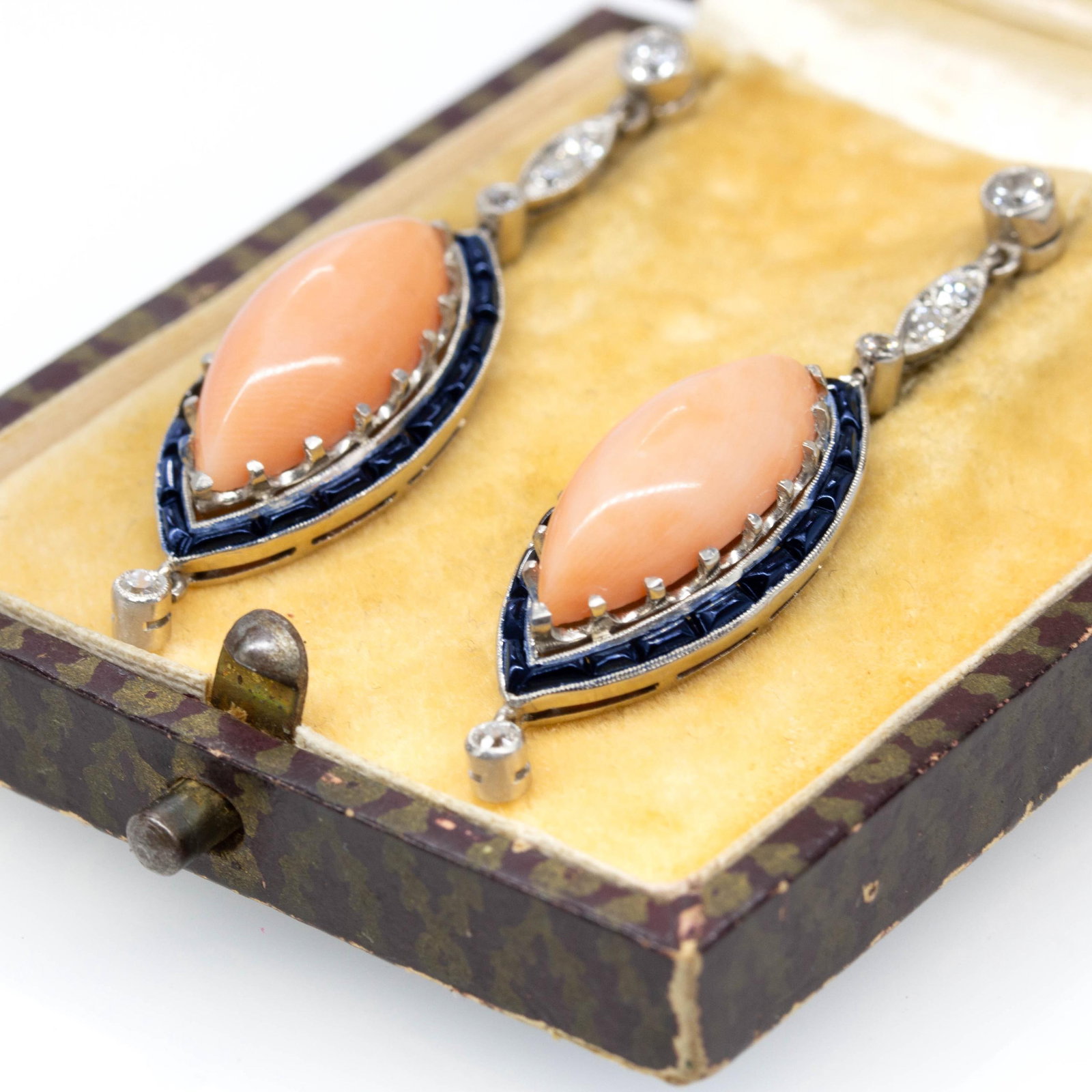 Edwardian Platinum Natural Coral, Calibrated Onyx, and Natural Diamond Earrings - 5