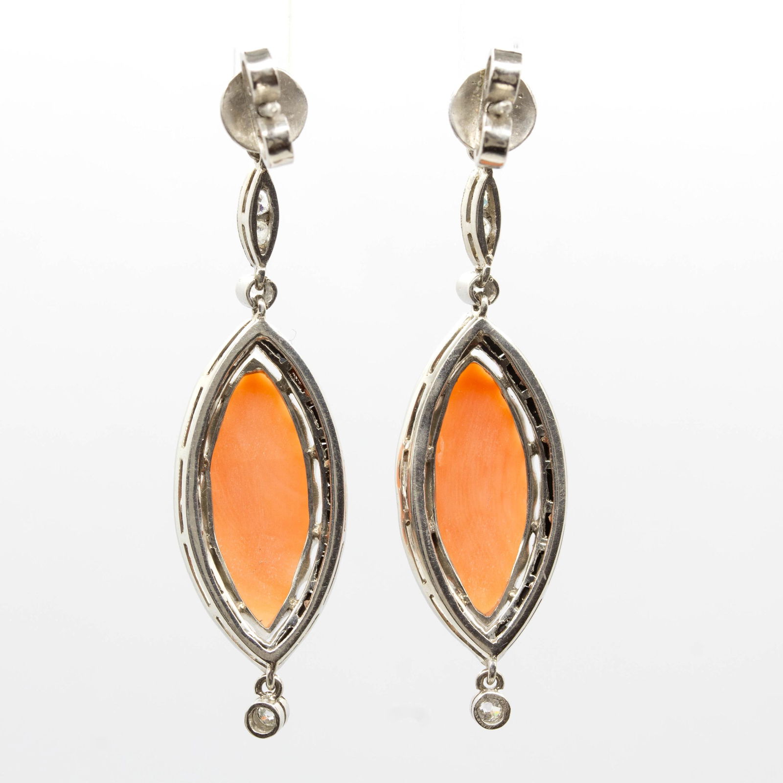 Edwardian Platinum Natural Coral, Calibrated Onyx, and Natural Diamond Earrings - 7