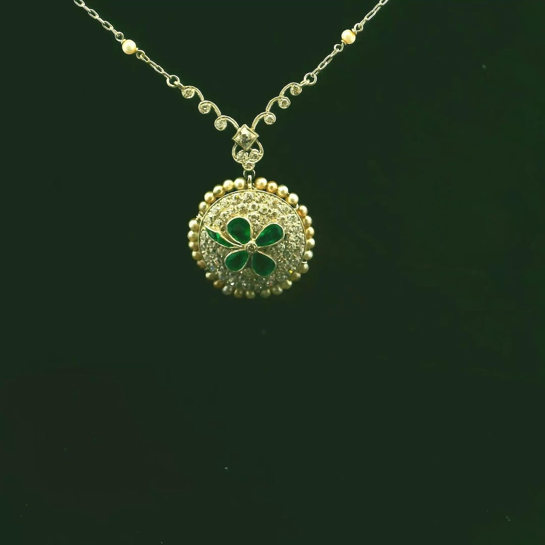 Platinum Natural Diamond and Emerald Pendant with Pearl Chain - 2