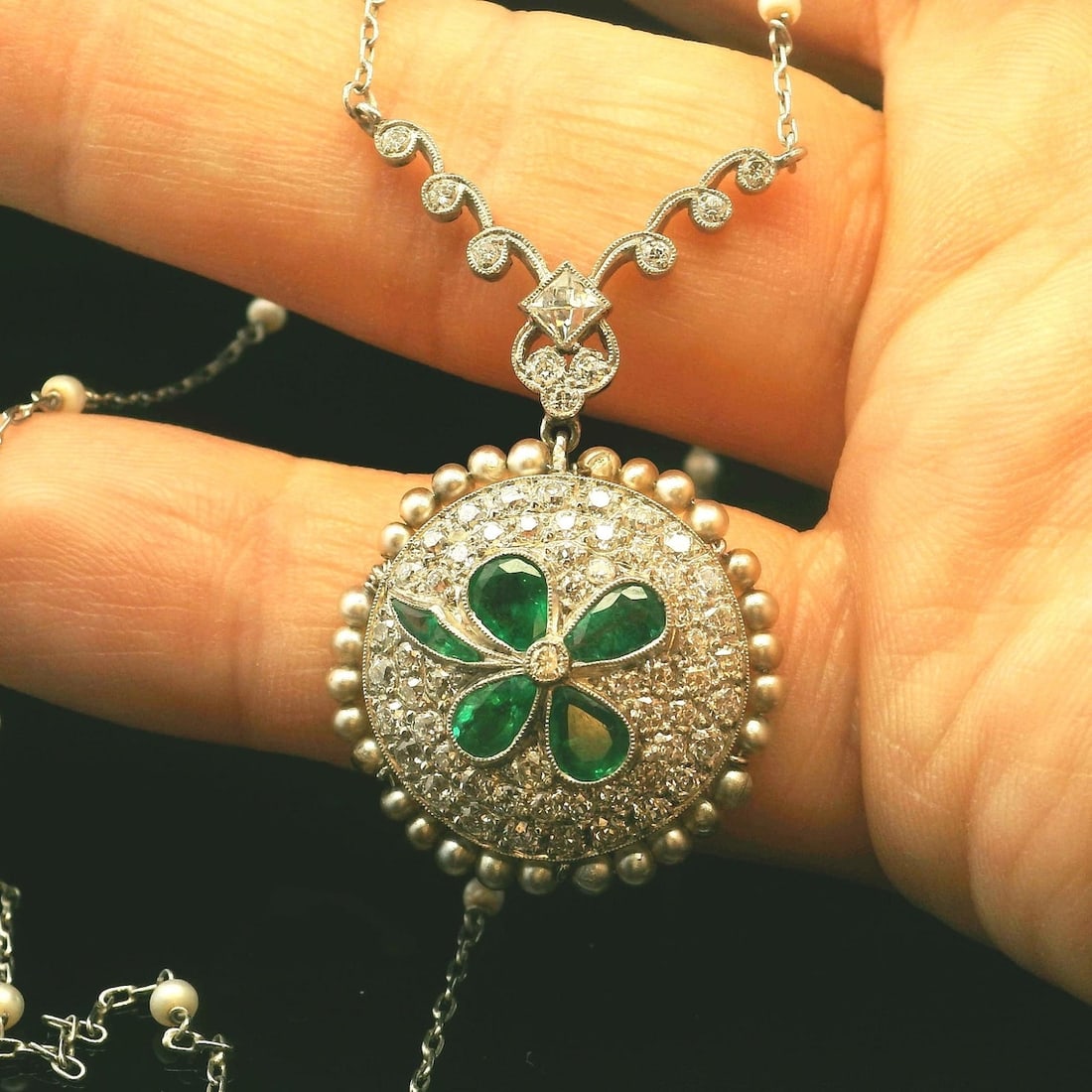 Platinum Natural Diamond and Emerald Pendant with Pearl Chain - 3