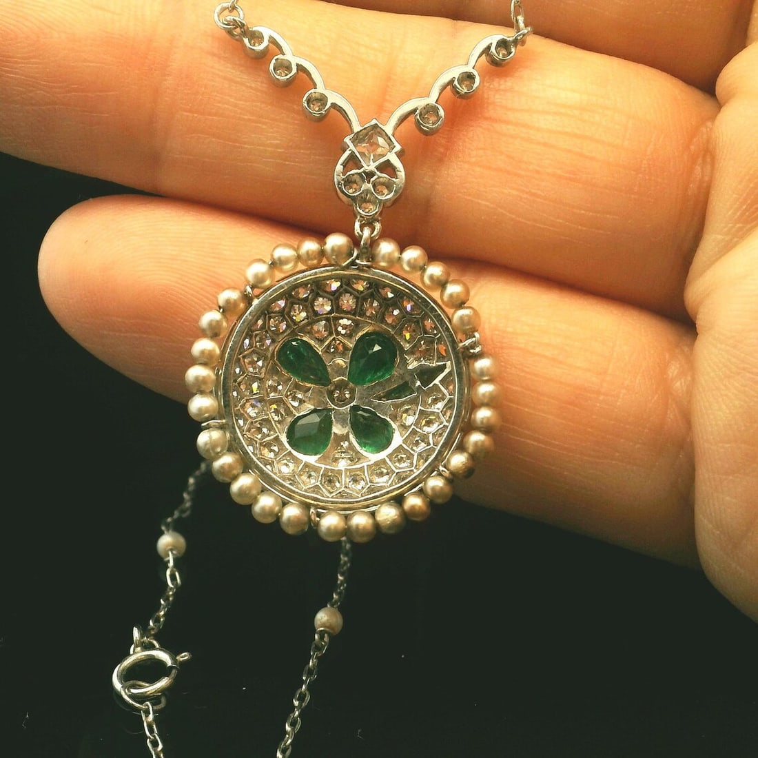 Platinum Natural Diamond and Emerald Pendant with Pearl Chain - 4