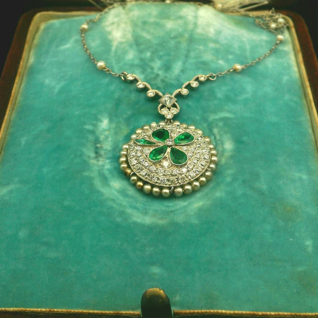 Platinum Natural Diamond and Emerald Pendant with Pearl Chain - 5
