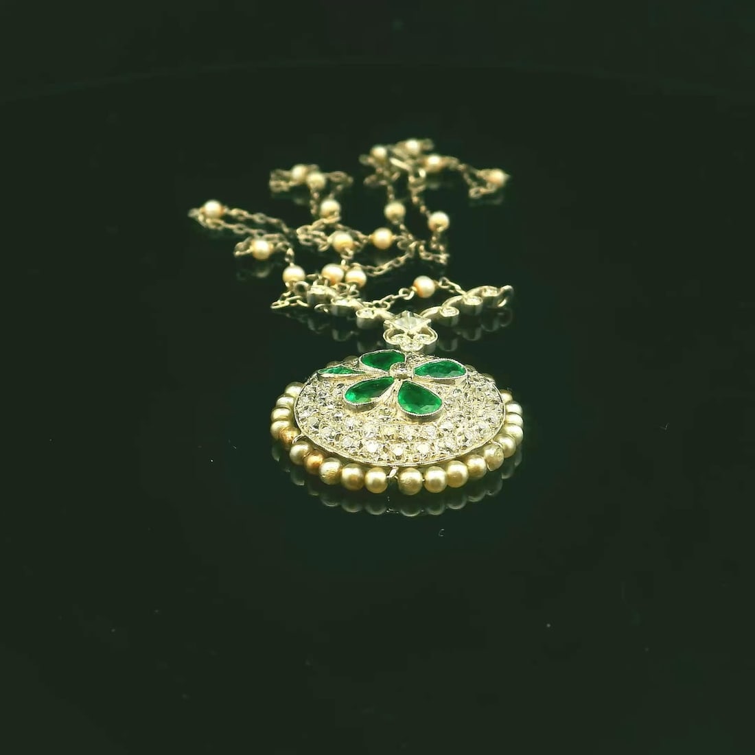 Platinum Natural Diamond and Emerald Pendant with Pearl Chain - 6