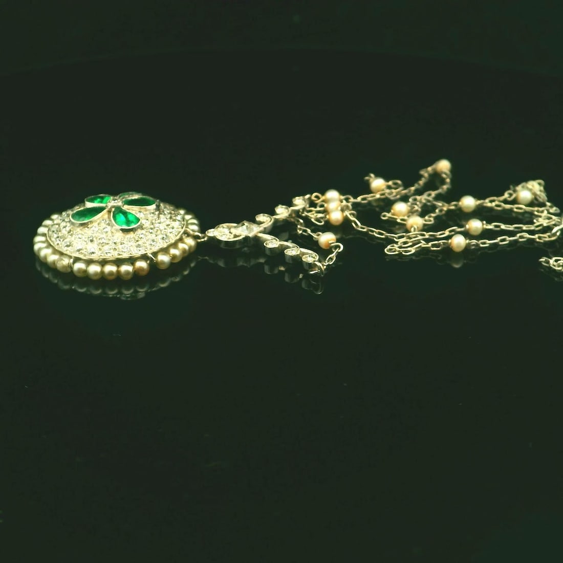 Platinum Natural Diamond and Emerald Pendant with Pearl Chain - 7