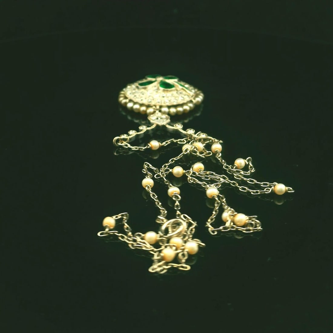 Platinum Natural Diamond and Emerald Pendant with Pearl Chain - 8