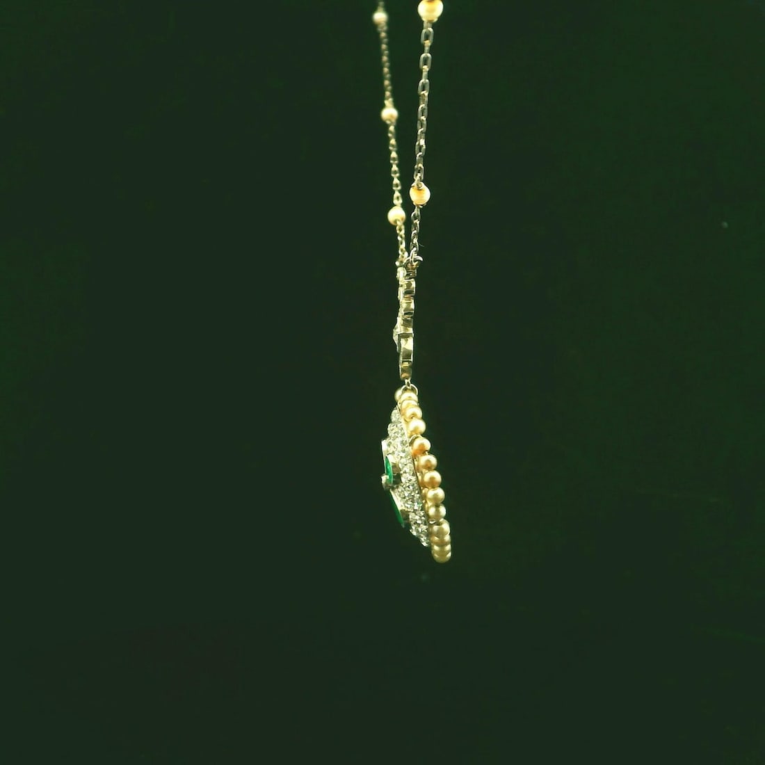 Platinum Natural Diamond and Emerald Pendant with Pearl Chain - 9