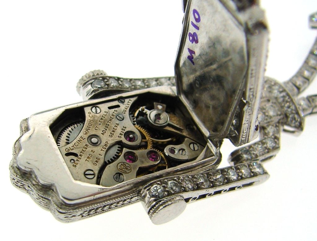 Art Deco Diamond & Platinum Lapel Watch with Glycine Movement - 14